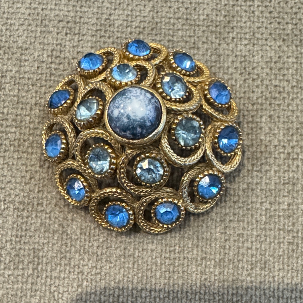 Vintage Sphinx Blue Brooch Signed Statement Rhinestone